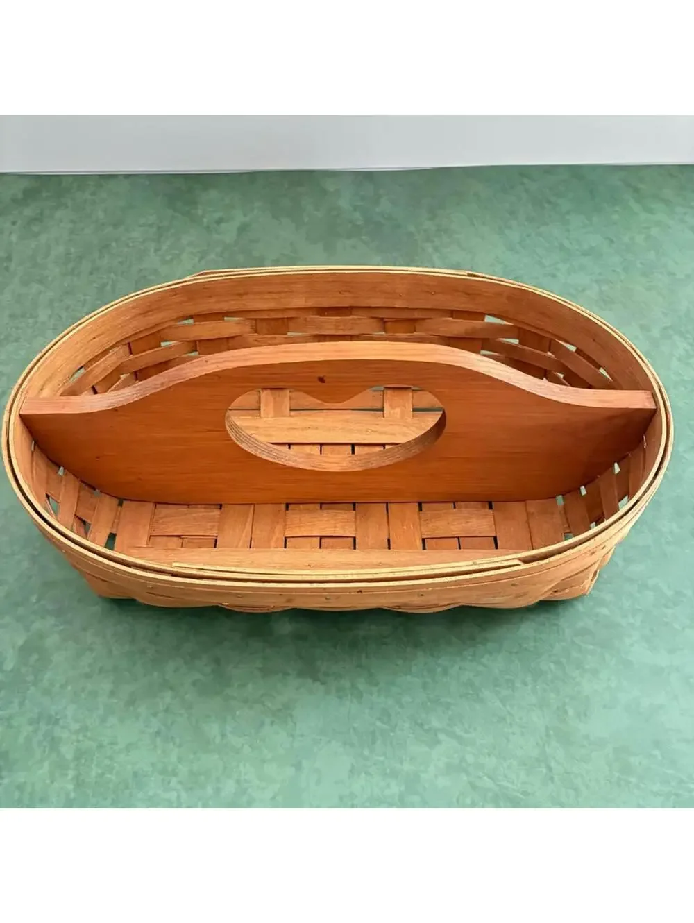Vintage Gerald E Henn Divided Basket, heart handle Handwoven Wood Utensil Caddy